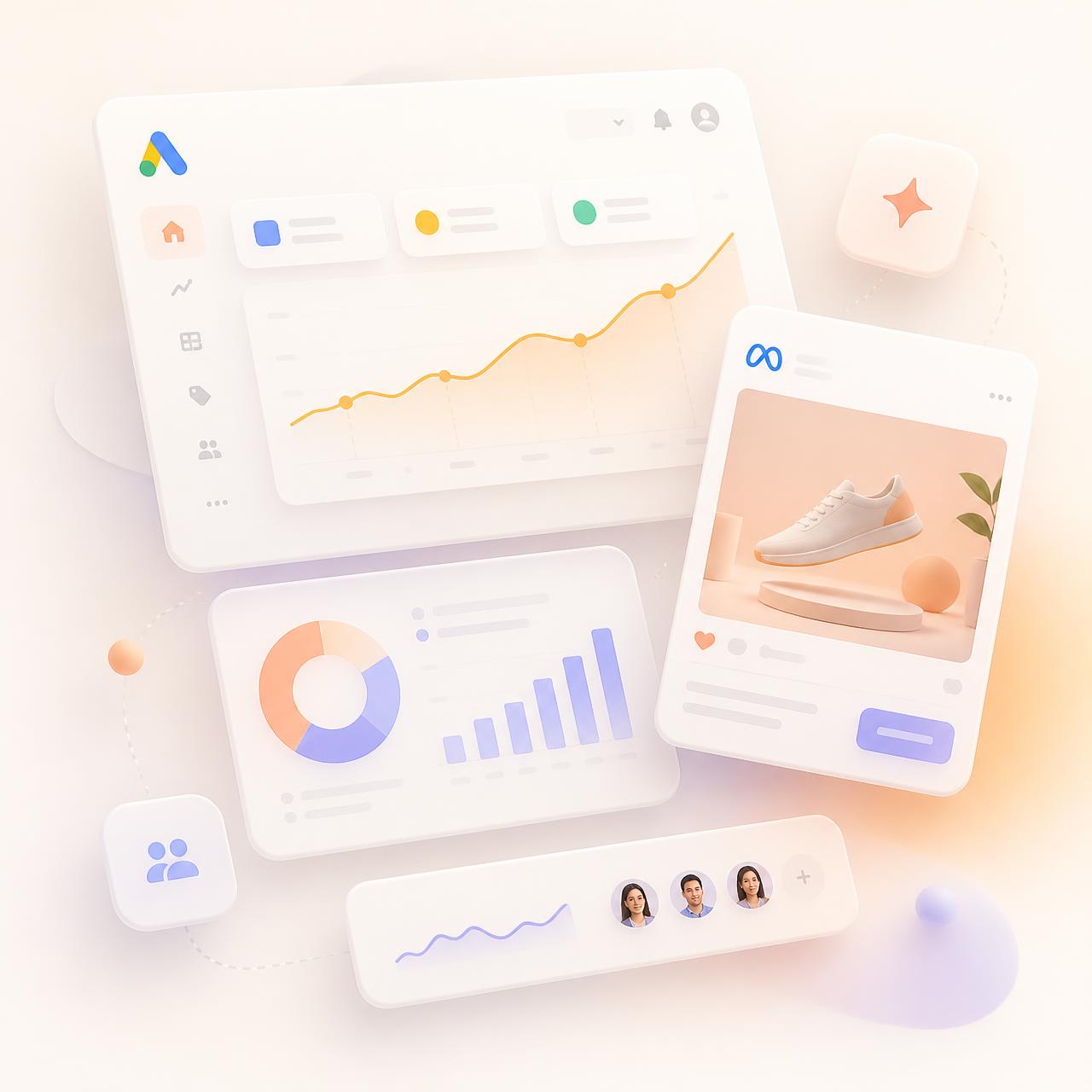 Performance marketing dashboards showing Google Ads, Meta Ads and analytics